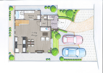 戸建住宅　間取図、家具、外構、植込みや車なども描き、スケールなどを解りやすく表現します。